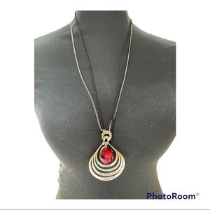 Garnet or Ruby with Silver-Tone and Black Cord